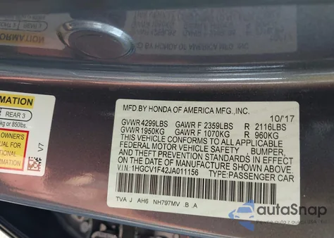 2018 Honda Accord Ex z USA, uszkodzony, nr VIN 1HGCV1F42JA011156